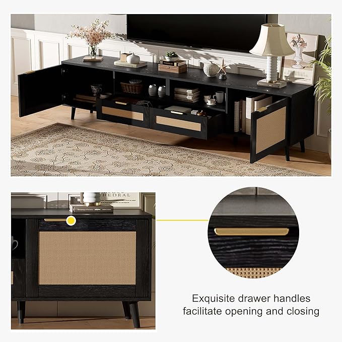 Rattan TV Stand for TVs up to 85'', Boho Entertainment Center with 2 Doors & 2 Drawers, Solid Wood Feet, Vintage Console Table for Living Room