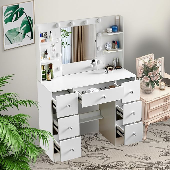 JBLCC Vanity Desk with Mirror and Lights, 39.4''W White Makeup Vanity with 3-Color Lighted Mirror, 7 Drawers & Open Shelves, Big Vanity Table for Bedroom, Girls & Women