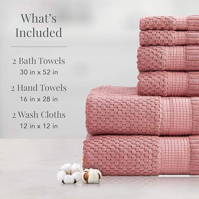 NY Loft 100% Cotton Towel Set 6 Piece | Super Soft & Absorbent Quick-Dry 2 Bath Towels 2 Hand Towels & 2 Washcloths | Textured and Durable Cotton | Premium Thick Towels | (6 Piece Set, Rose)