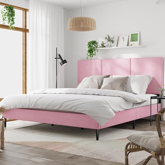 King Bed Frame with Headboard, Vertical Channel Tufted Heavy Duty King Size Bed Frame, No Box Spring Needed, Easy Assembly, Platform Bed Frame with Headboard, Pink