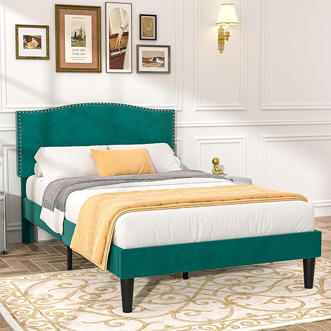 VECELO Twin Bed Frame Platform Bed Frame with Upholstered Headboard, Strong Frame and Wooden Slats Support, Strong Weight Capacity, Non-Slip and Noise-Free, Easy Assembly,Dark Green