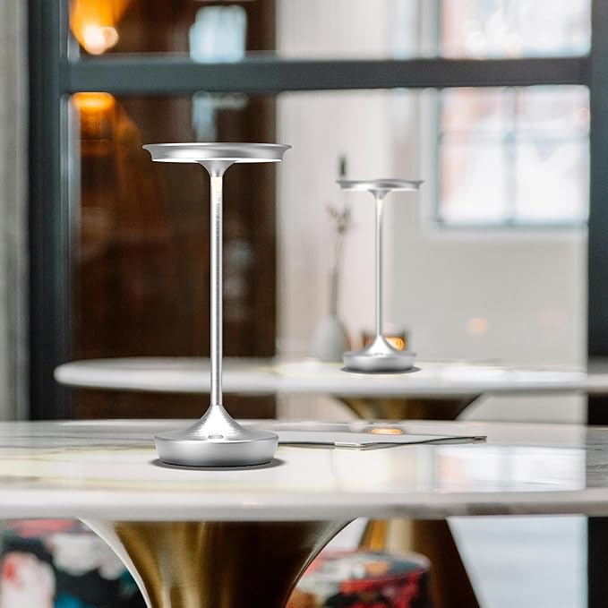 YHT Cordless Table Lamp, Restaurant Bedroom LED Rechargeable Stepless Dimming Desk Lamp, Outdoor Patio Portable 6000mAh IP54 Waterproof Table Light (Sliver 2Pack)