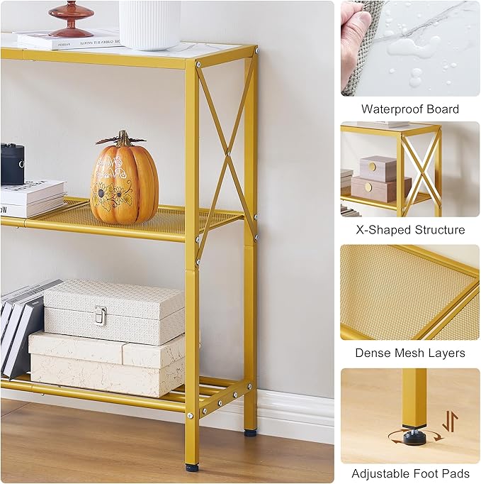 Hoctieon Industrial Console Table, 3 Tier Entryway Table, Metal Frame, Sofa Tables with Shelf, Hallway Desk, Entrance Tables for Entryway, Living Room, Foyer, Hallway, Gold and White