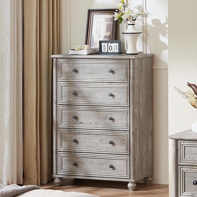 Farmhouse 5 Drawers Dresser for Bedroom, Wood 45" Tall Chest of Drawers, Dresser Rustic Storage Dressers Organizer with Metal Handle Closet for Living Room, Hallway Entryway