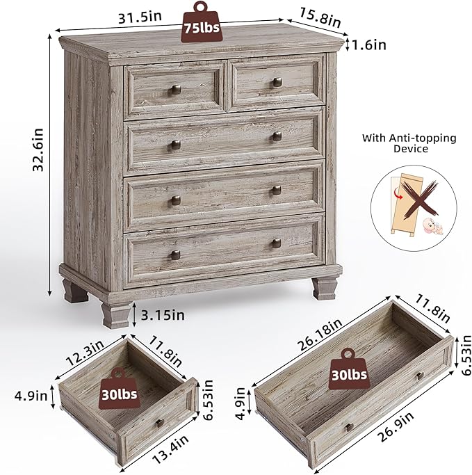 Farmhouse 5 Drawer Dresser for Bedroom, 33 Inch Tall Vintage Wood Chest of Drawers, Rustic Small Dressers w/Square Wooden Legs, Mid-Century Storage Organizer for Living Room, Grey