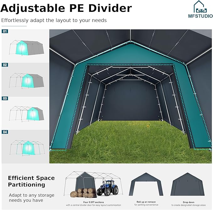 MFSTUDIO Outdoor Carport 13x22 ft, Portable Storage Sheds Shelter Garages Heavy Duty Canopy with Rolled up Zipper Doors, Outside Utility Shed Garage Tent for Boat,Patio Furniture and Tools