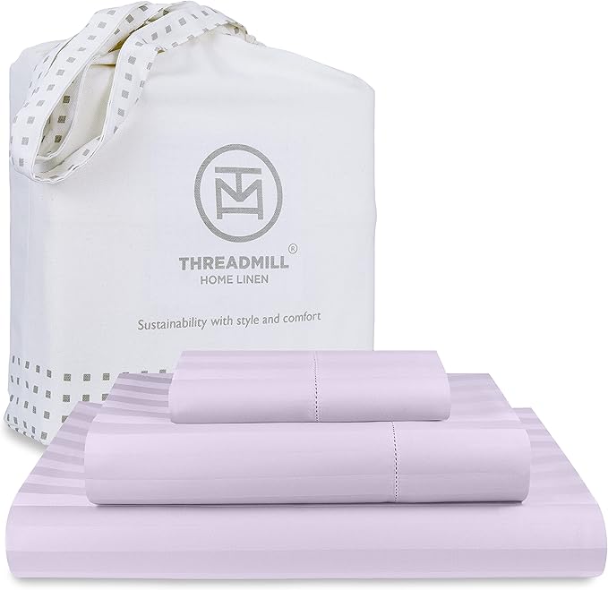 Threadmill 500 Thread Count Twin Size Damask Stripe, 3 Pc Luxury Cotton Sheet Set, Breathable & Silky Soft Lilac Sheets with 15" Elasticized Deep Pocket, 1 Pillowcase & Free Tote Bag