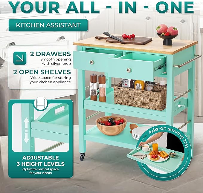 Rolling Kitchen Island Cart, Teal Kitchen Cart with Rubberwood Top, Ample Storage Drawers, Adjustable Shelves, Utility Cart with Wheels for Small Kitchens, 35” Height
