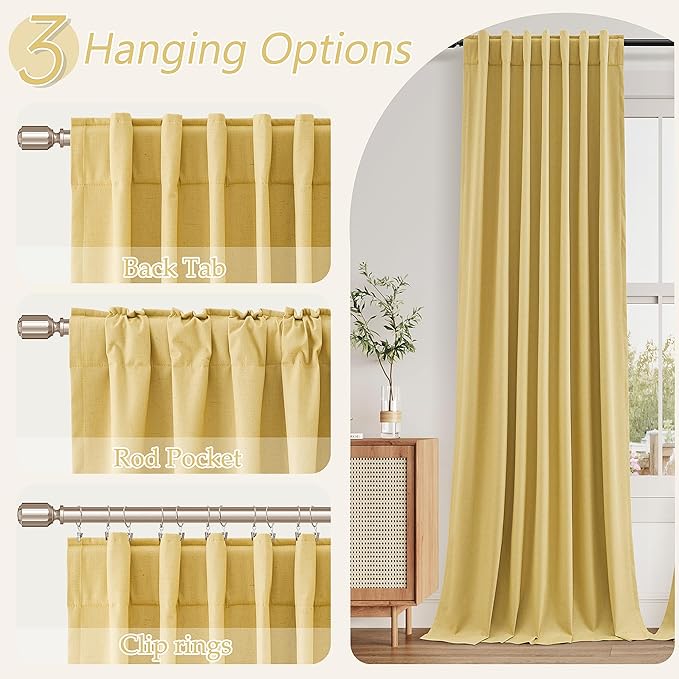 Guken Blackout Curtains 120 Inch Length 2 Panels Set for Living Room Bedroom Back Tab Thermal Insulated 100% Black Out Linen Drapes Room Darkening Window Curtains 120 Inches Long,Gold Yellow