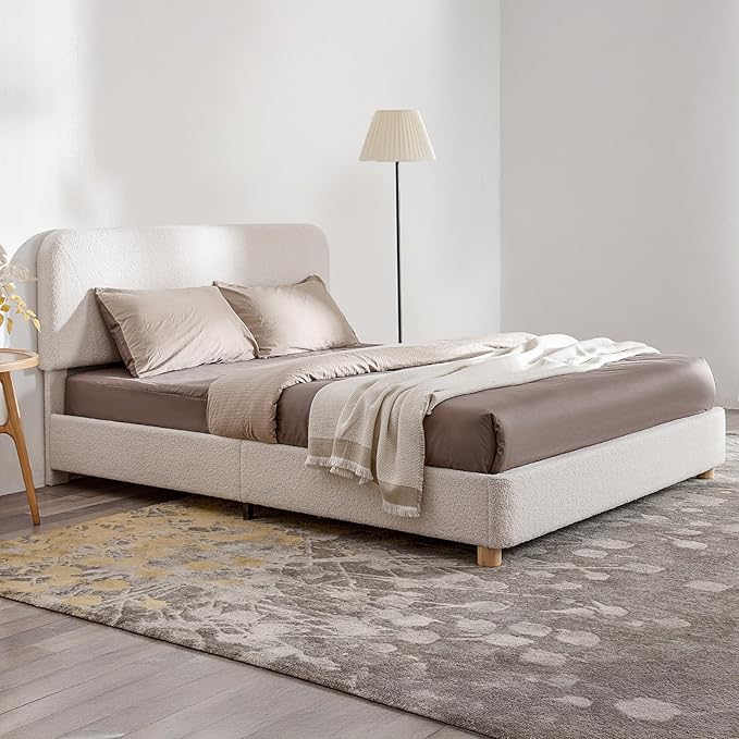 Full Size Boucle Bed Frame, Upholstered Cloud Bed Frame with Adjustable Headboard, Solid Wood Legs, Rounded Corners Design & Easy Assembly – Modern Platform Bed,Cream