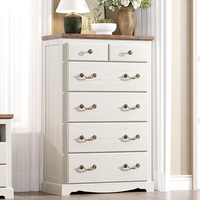 Farmhouse 6 Chest of Drawers for Bedroom, 48" Tall Wood Dresser with Bronze Retro Handles & 3D Drawer Fronts, Closet Dresser for Bedroom, Hallway, Antique White