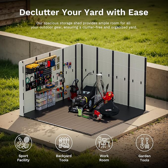 Patiowell 10x10 FT Outdoor Storage Shed, Plastic Shed with Floor and Skylight, Four-Window Resin Storage Shed with Lockable Door for Garden, Patio, Backyard, Beige