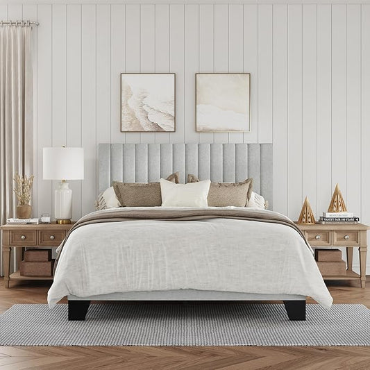 Full Size Bed Frame, Fabric Upholstered Platform Bed with Adjustable Headboard, Sturdy Frame and Wooden Slats, Noiseless, No Box Spring Required, Easy to Assemble, Light Grey