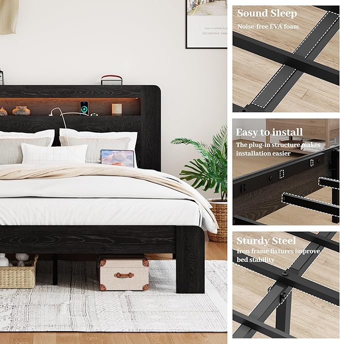 Wood Full Size Bed Frame with Headboard, Farmhouse Platform Bed Frame with Bookcase Shelf,LED Lights,Charging Station,Heavy Duty Supports,No Box Spring Needed,Dark Black