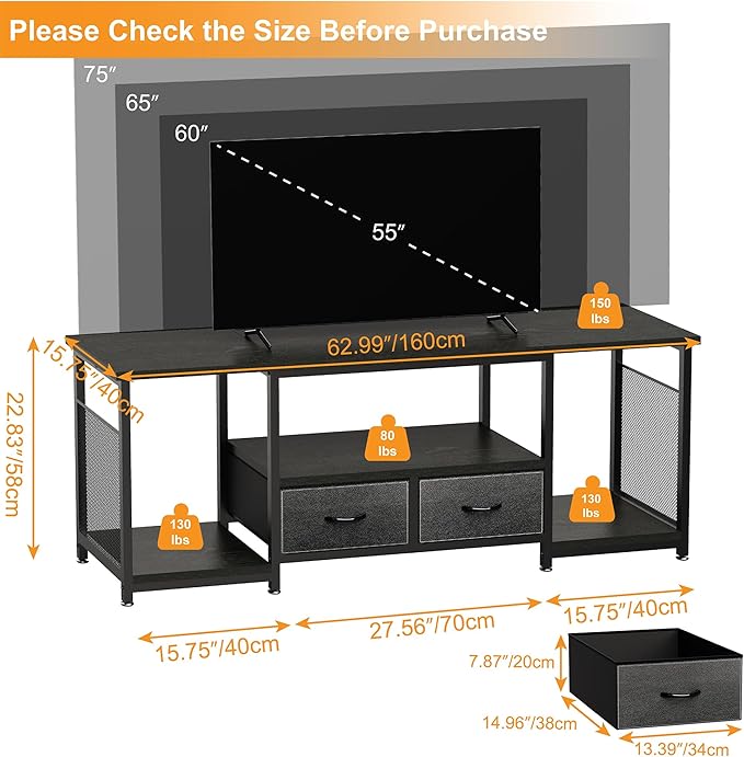 TV Stand with Drawers and Open Storage Shelves for 75 70 65 Inch TV, Entertainment Center with Open Storage Shelves, Industrial Media TV Console Table for Living Room Bedroom Office, Black