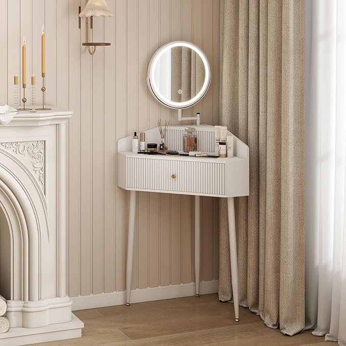 ARTETHYS Corner Vanity Desk with Retractable and Rotating Mirror and Lights Small Modern White Makeup Vanity Set with Glass Top for Women Compact Girls Dressing Table with Storage for Small Space