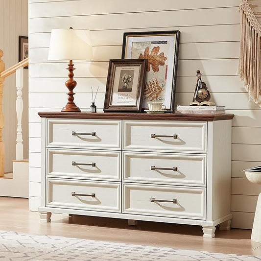Farmhouse 6 Drawer Dresser for Bedroom, 54 inch Wide Large Vintage Chest of Drawers with Square Solid Wood Legs, Rustic TV Stand for Living Room, Wooden Storage Dressers for Hallway, White