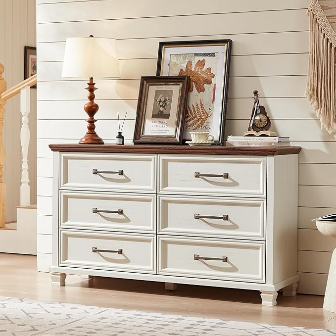 Farmhouse Wood 6 Drawer Dresser Set of 2, 54 inch Wide Large Vintage Chest of Drawers for Bedroom, Rustic Dressers TV Stand with Square Solid Wooden Legs for Living Room, Hallway, White