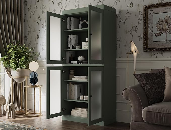 Palace Imports Solid Wood Bookcase w/Frosted Glass Doors & Adjustable Shelves for Living Room - 6-Tier Tall Bookshelf, 71.5" H x 32” W - Sage, 100% Renewable Eco-Friendly Wood, Made in Brazil