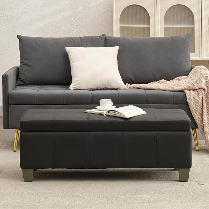 Black Faux Leather Ottoman with Storage, Rectangular Extra Long Storage Bench for Bedroom and Living Room