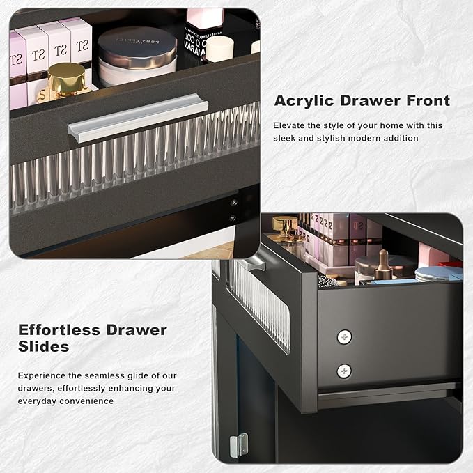 Hadulcet Vanity Desk with Mirror and Lights, LED Vanity with Power Outlet, Makeup Vanity with 2 Drawers, 10 Storage Shelves and Acrylic Door Cabinet for Bedroom Dressing Room, 43" Black