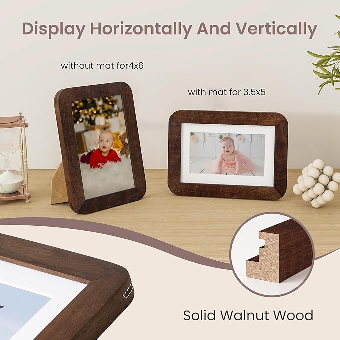 4x6 Picture Frame - Solid Walnut Wood Frame 4x6 with Mat for 3.5x5, 4''x6''Photo Frame,Tabletop and Wall Display, Hanging Hardware Included, 4 By 6 Picture Frame Wood, Natural Walnut
