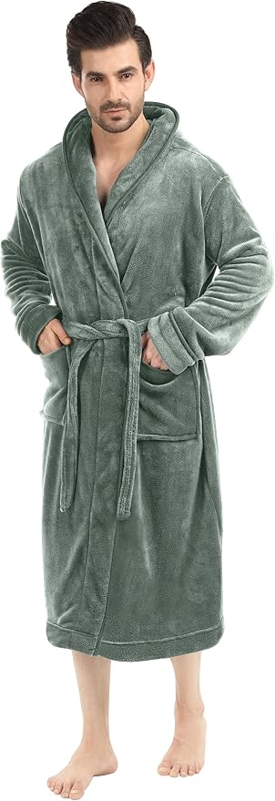 NY Threads Mens Robe with Hood, Luxury Plush Fleece Hooded Mens Bathrobe, Spa Bath Robe for Men