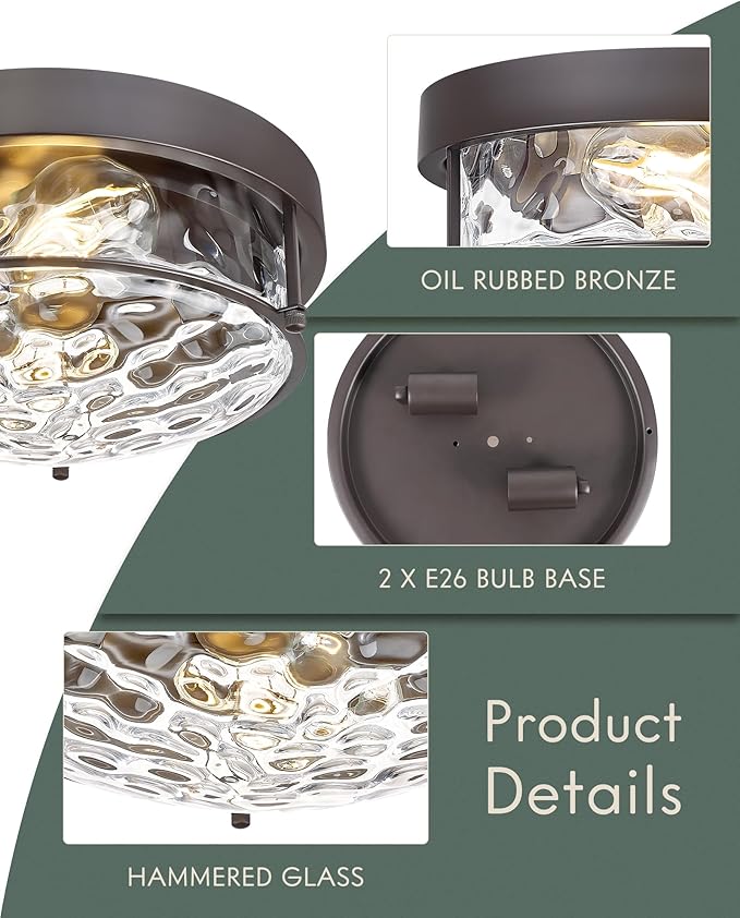 12-Inch Flush Mount Ceiling Light, Modern Farmhouse Style with Hammered Glass Shade, Oil Rubbed Bronze Finish, Ideal for Living Room, Bedroom, or Dining Room – Model CKCL4822-2W-HGORB