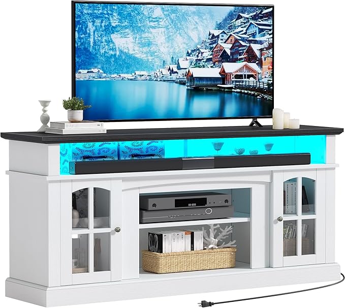 YITAHOME LED Farmhouse TV Stand for 65 Inch w/Outlets, Modern Entertainment Center with Glass Doors and Adjustable Storage Shelves, Media Console TV Cabinet for for Living Room, White/Black