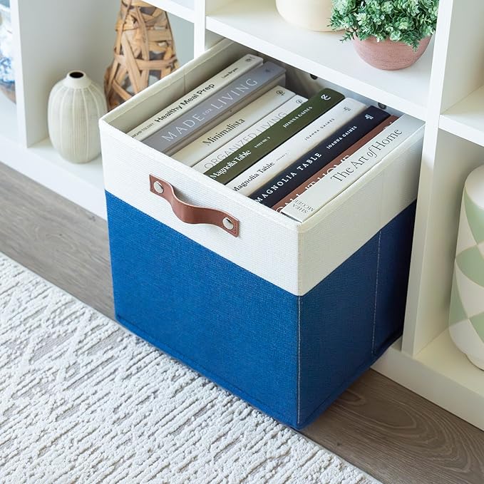 OrganiHaus 12x12 Fabric Storage Bins - Set of 4, Cube Fabric Organizer Bins with Vegan Handles, Kallax Storage Cubes, Cubbies Organizer Boxes, 12Inch Cubic Baskets for Shelves - Navy Blue