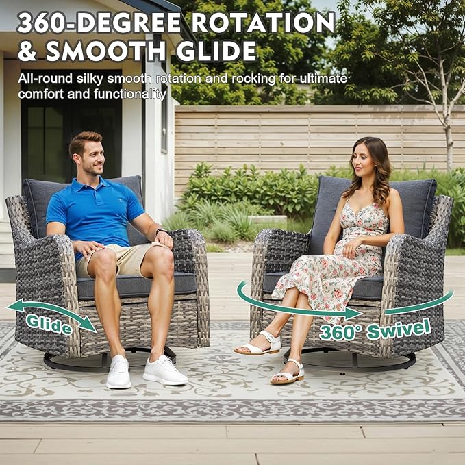 Patio Furniture Set with Swivel Rocking Chairs, 8 Pieces Patio Conversation Set, Outdoor Wicker Sofa Couch with Waterproof Cushions for Lawn Backyard Porch (Grey)