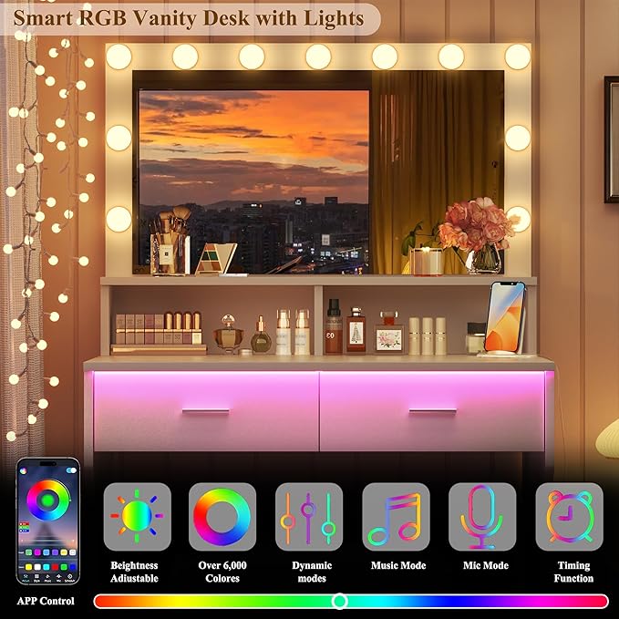 Small Vanity Desk with Mirror and Lights, White Makeup Vanity with Chair, RGB Vanity Table Set with 2 Drawers & Power Outlets & LED Strip, 3 Color Modes & Adjustable Brightness for Women Girls Bedroom