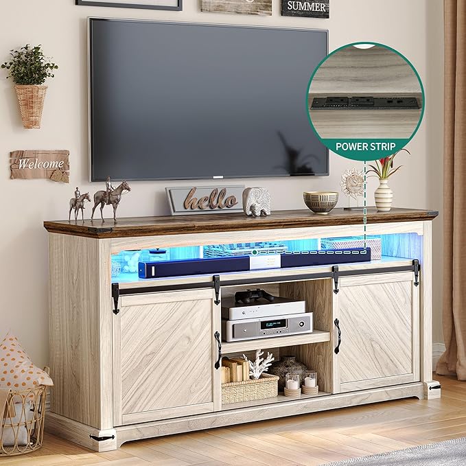 YITAHOME TV Stand for 75 Inch TV with Power Outlets, LED TV Stands Farmhouse Entertainment Center TV Media Console with Sliding Barn Doors for Living Room, Off White & Walnut Grain