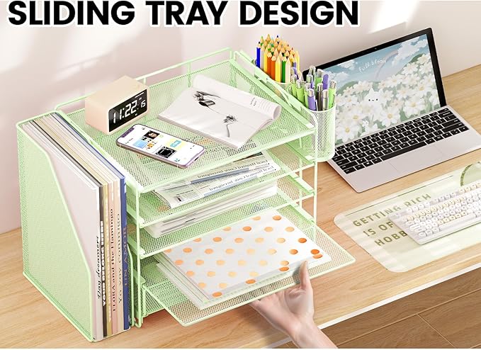 Desk Organizers and Accessories with File Holder, 5-Tier Office Desk Accessories & Workspace Desktop Organizer with Drawer and 2 Pen Holder, File Paper Organizer for Office Supplies(Green)
