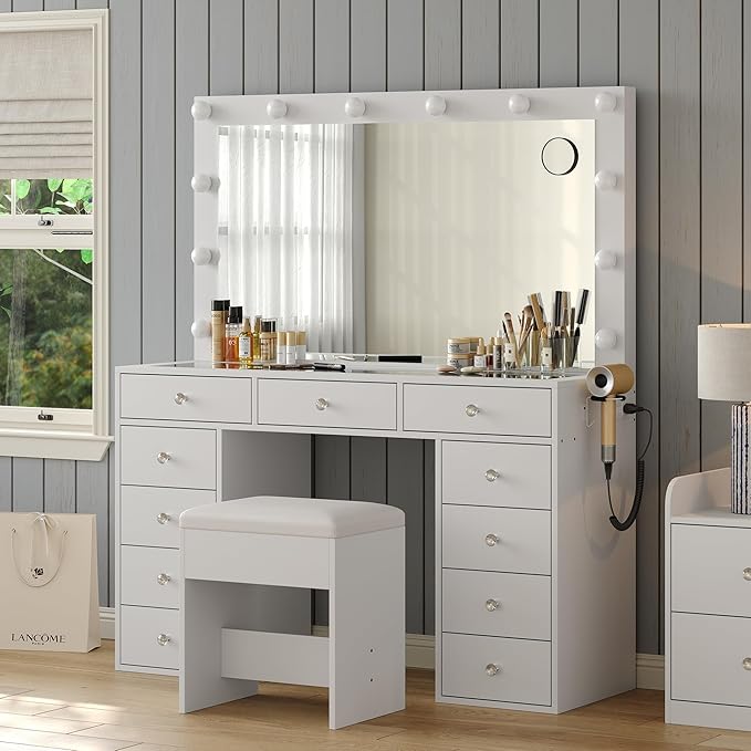 Vanity Desk with Power Outlet, Makeup Vanity with Mirror and 12 LED Lights, 3 Lighting Modes,11 Drawers Vanity Table with Chair, Glass Top, Dressing Table for Bedroom,Dressing Room, White