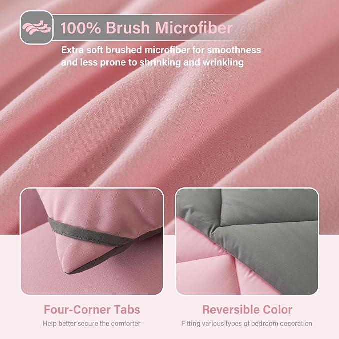 Cosybay Bed in a Bag Queen Comforter Sets 7pcs All Season Solid Down Alternative Bedding Sets Pink and Grey with Comforter, Pillow Shams, Flat Sheet, Fitted Sheet and Pillowcases