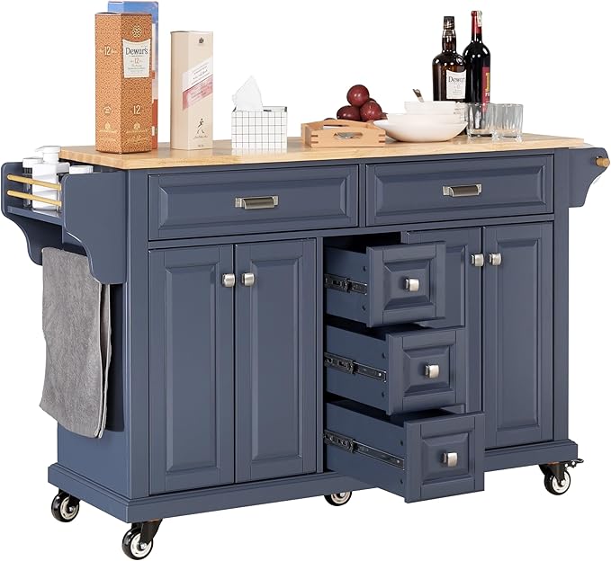 60.5 Rolling Solid Wood Kitchen Island with Rubberwood Top, 5 Drawers, 2 Cabinets, Adjustable Shelves, Spice Rack & Locking Wheels – Painted Finish, Navy Blue