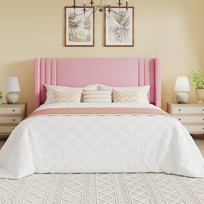 SHA CERLIN Queen Size Velvet Upholstered Platform Bed Frame with Vertical Channel Tufted Wingback Headboard, Wooden Slats Support, Easy Assembly, Under Bed Storage, No Box Spring Required, Pink