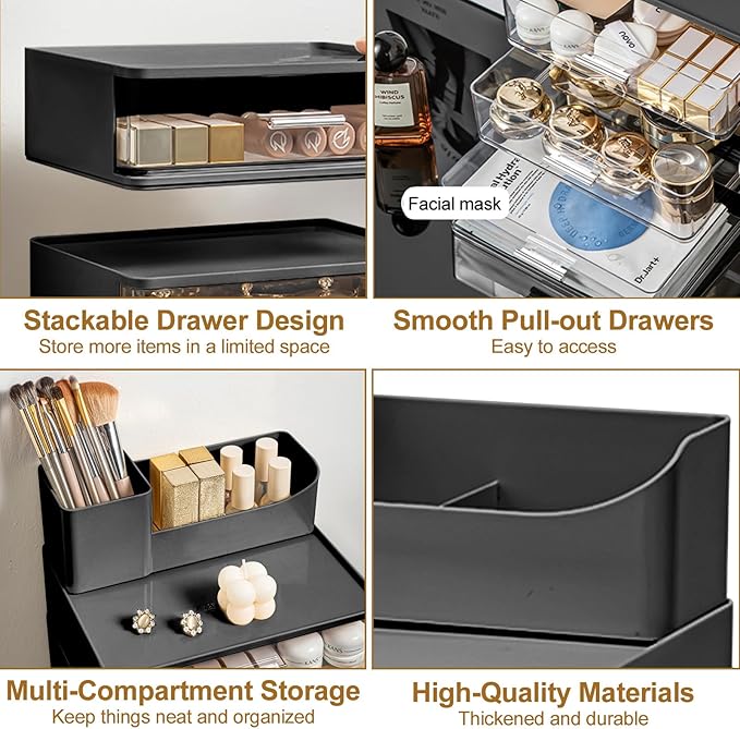 DASITON Makeup Organizer for Vanity with 2 Drawers, Stackable Cosmetic Organizer with Makeup Brush Holder, Plastic Bathroom Organizer Skincare Storage for Brushes, Eyeshadow, Lotions, Lipstick (Black)