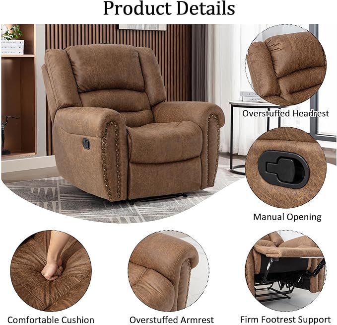 CANMOV Manual Reclining Sofa Set, Faux Leather Manual Recliner Sofa and Recliner Chair with Overstuffed Armrest for Living Room,Bedroom Furniture,Office,Nut Brown