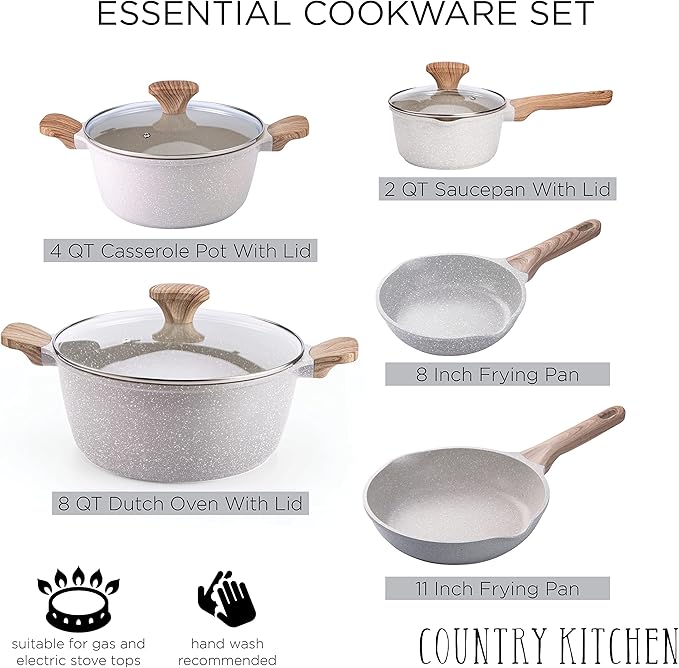 Country Kitchen Non-Stick Cast Aluminum Cookware Set - Durable Kitchen Cookware for Everyday Cooking, Speckled Cream, 8 Pc.