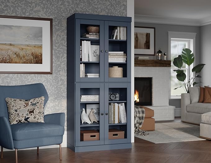 Palace Imports Solid Wood Bookcase - 6-Tier Bookshelf, 71.5” H x 32” W - Antique Blue, Clear Glass Cabinet Doors & Adjustable Shelves, Tall Bookcase, 100% Renewable Eco-Friendly Wood, Made in Brazil