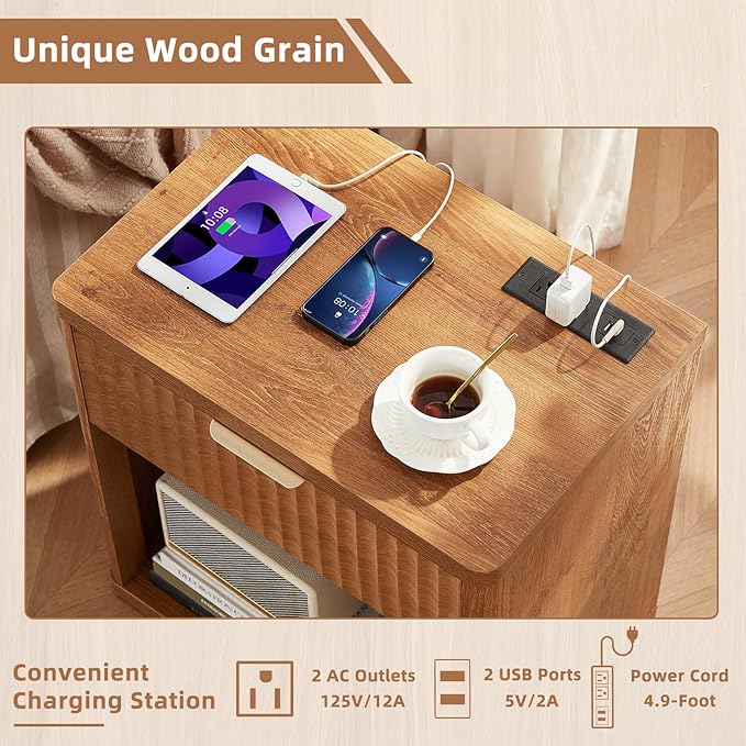 LEYAOYAO Fluted Farmhouse Nightstand Set of 2 with Charging Station, 23" Wide 1 Drawers Night Stand,Brown Dresser for Bedroom,Bed Side Table Chest of Drawers,Wood End Table for Living Room