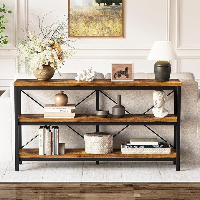 3-Tier Console Table, 55.1" Entryway Table with Metal Frame and Open Shelves, Modern Behind Couch Sofa Table for Living Room, Hallway, Foyer, Entrance, Industrial, Bookshelf, Rustic Brown