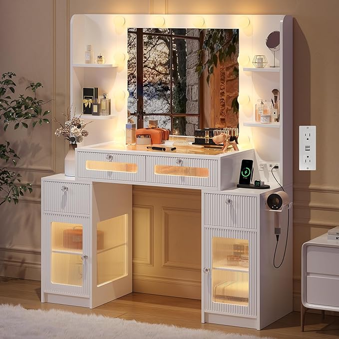 Vanity Desk with Mirror and Lights 3 Colors, 47" Glass Top Fluted Makeup Vanity Desk with Lights & Power Outlet for Bedroom, Dressing Table with 4 Lighted Drawers and 2 storage cabinets, White