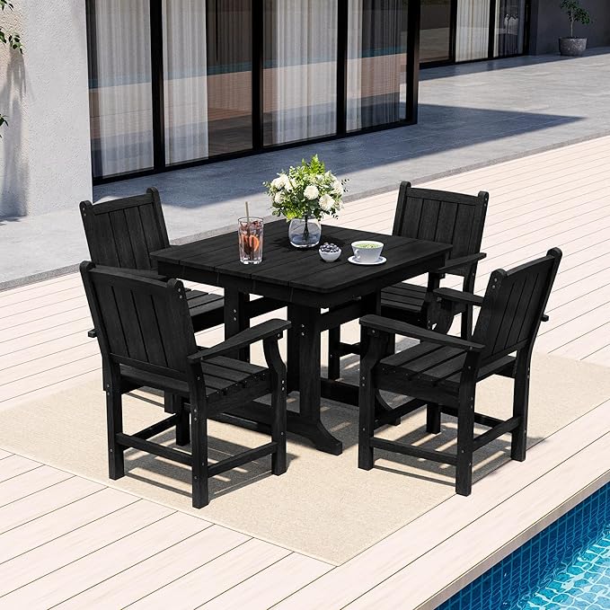 5-Piece HDPE Outdoor Dining Set, Wood-Like Design Outdoor Table and Chairs with Elegant Armrest, All-Weather Patio Table and Chairs Set with Umbrella Hole for Porch, Poolside, Black