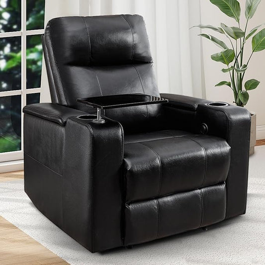 ANJ Black Power Recliner Chair Electric Home Theater Seating Soft Leather Movie Chair for Living Room Overstuffed Single Reclining Sofa with Hidden Arm Storage, Cup Holders and USB Ports (Black)