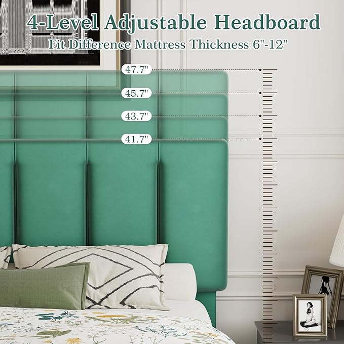 VECELO Queen Bed Frames, Upholstered Platform Bedframe, Adjustable Headboard, Wood Slat Support, No Box Spring Needed, Easy Assembly, Dark Green