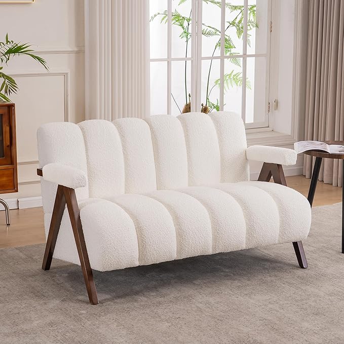 Mid Century Modern Accent Chair Loveseat Sofa with Solid Wood Frame, Boucle Upholstered Living Room Chairs with Thick Cushion, Comfy Tufted Arm Chair for Bedroom, Ivory
