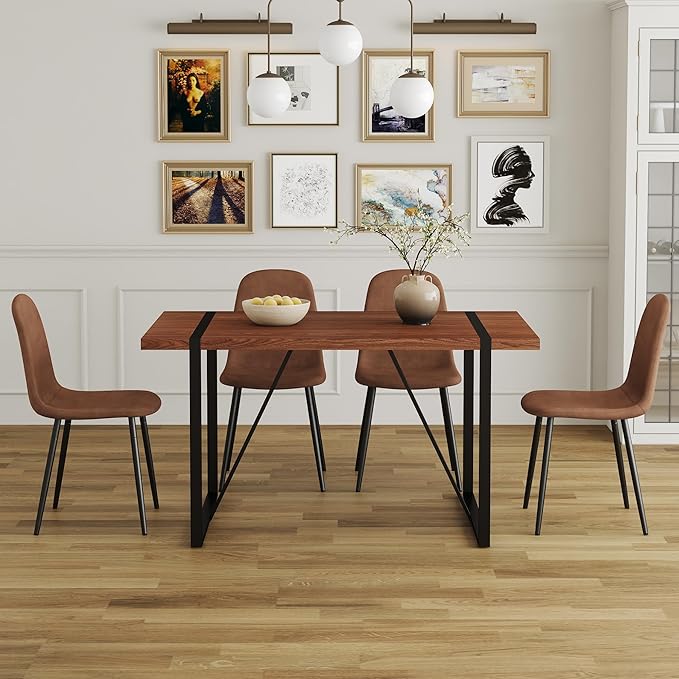 Dining Table Chairs Set for 4, Modern Rectangular Dining Room Table Set PU Leather Upholstered Dining Chairs 55" Dinner Table Set for Kitchen, Dining Room (55 inch Table + 4 Brown Chairs)